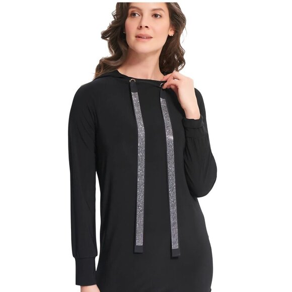 Joseph Ribkoff NWT Black Sparkle Rhinestone Hooded Tunic Quiet Luxury Size 12 - Picture 1 of 16